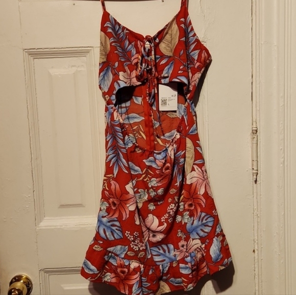 Women's, New Sz Large, Floral Woven Sexy Summer Sun Dress front Peekaboo, Tie Up - Picture 6 of 6